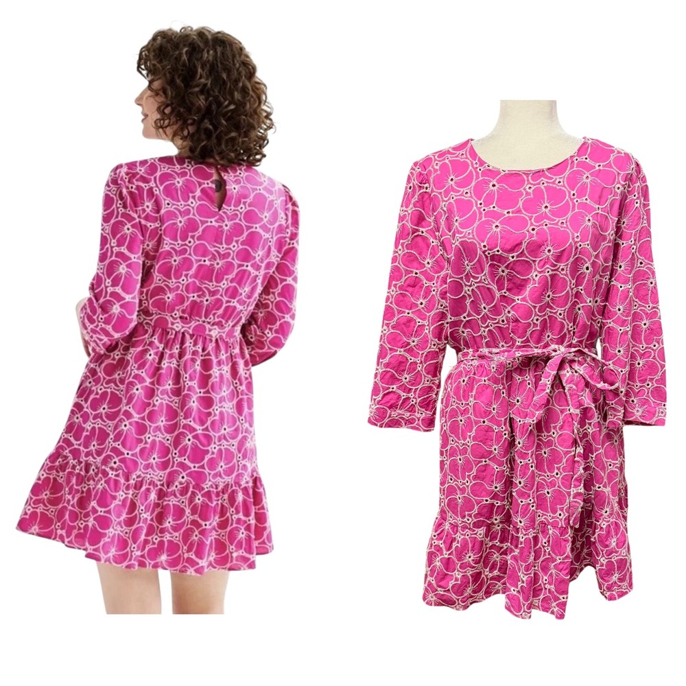 Draper James Dress Women XXL‎ Pink Eyelet Floral 3/4 Sleeve Tie Waist Pockets